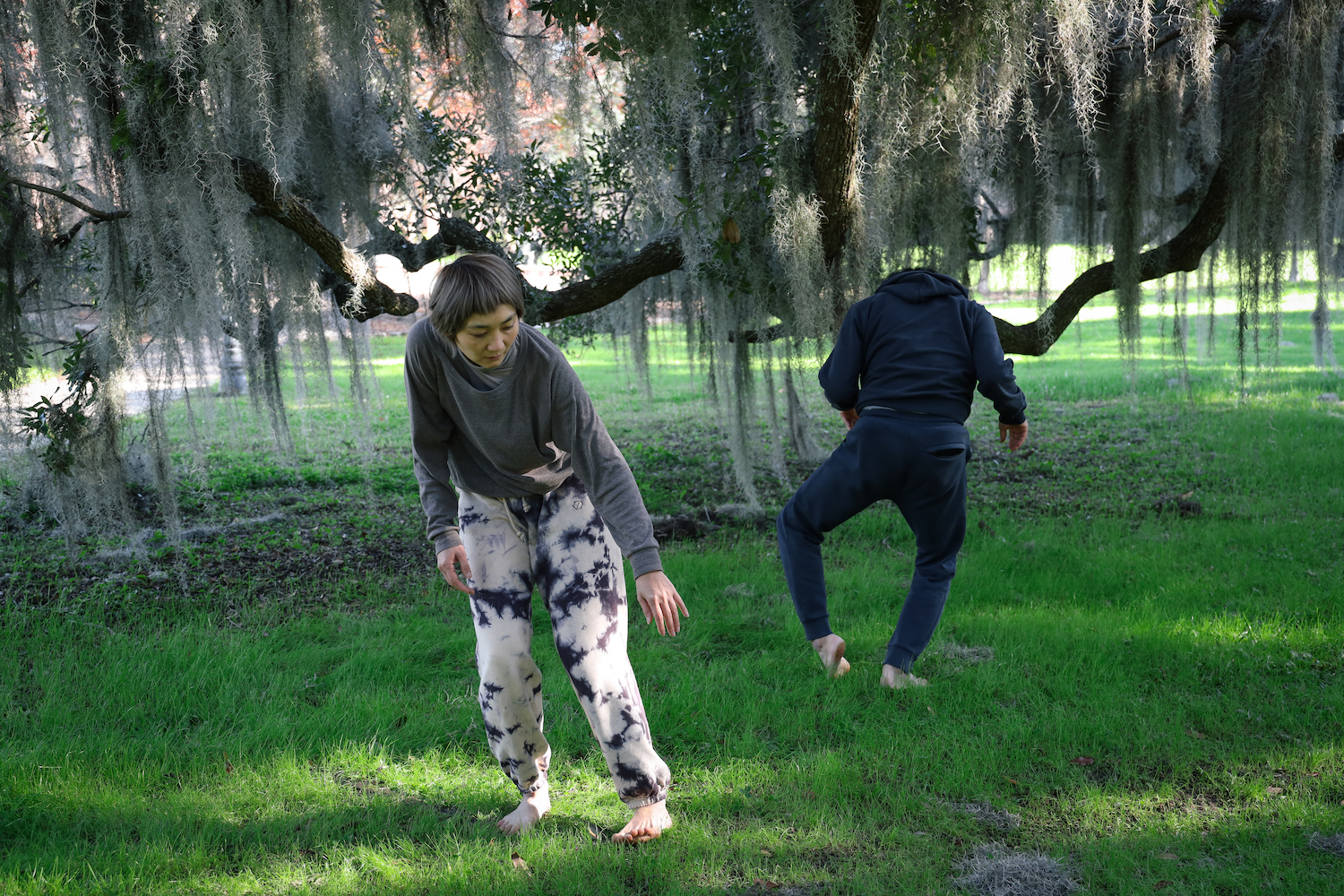 Two dancers perform outdoors beneath a live oak tree covered in Spanish moss. 