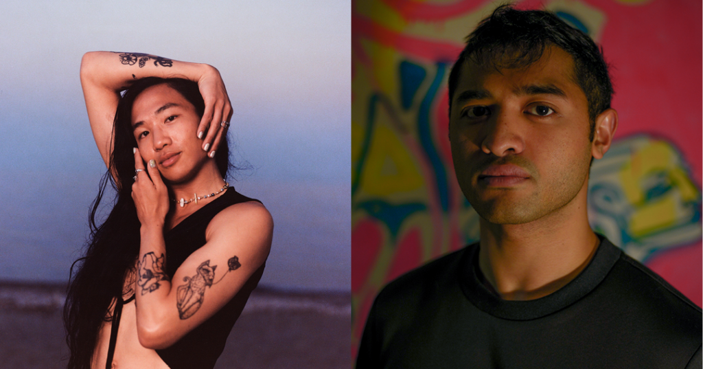 there are two pictures of a man and a woman with tattoos on their arms