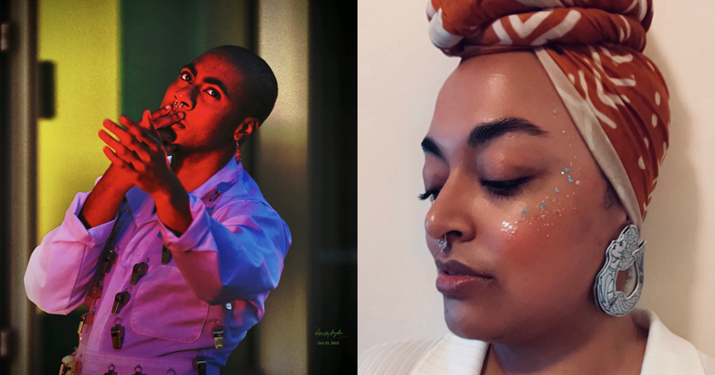 there are two pictures of a woman with a turban and a man with a microphone