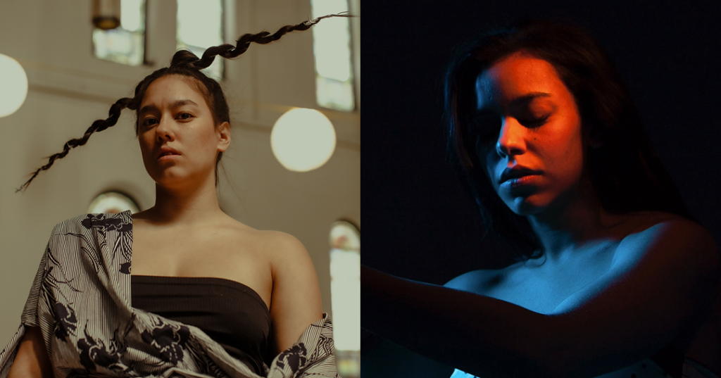 there are two photos of a woman in a black dress and a woman in a black and white dress