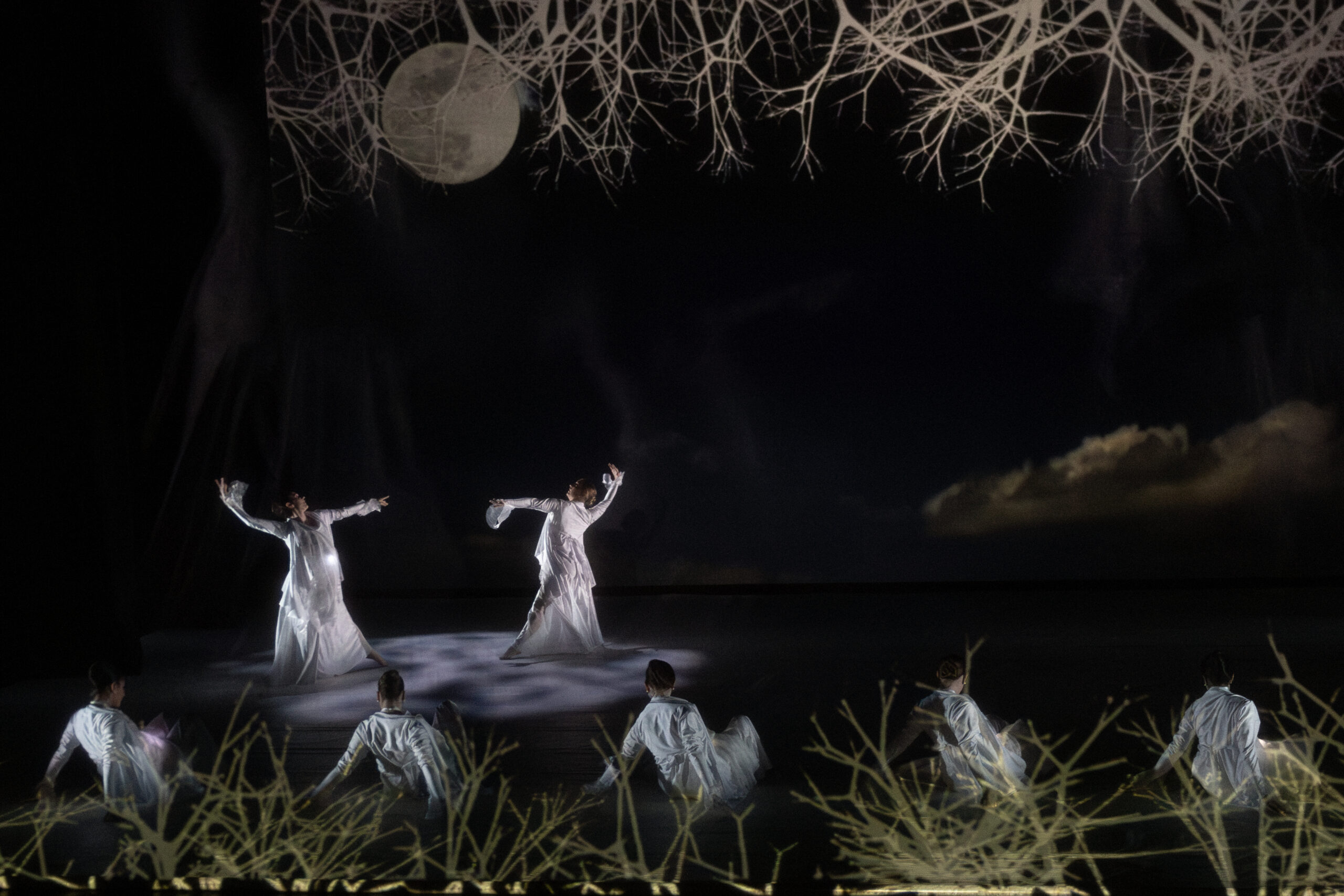 musical stage performance with people in white clothes and making a dance pose